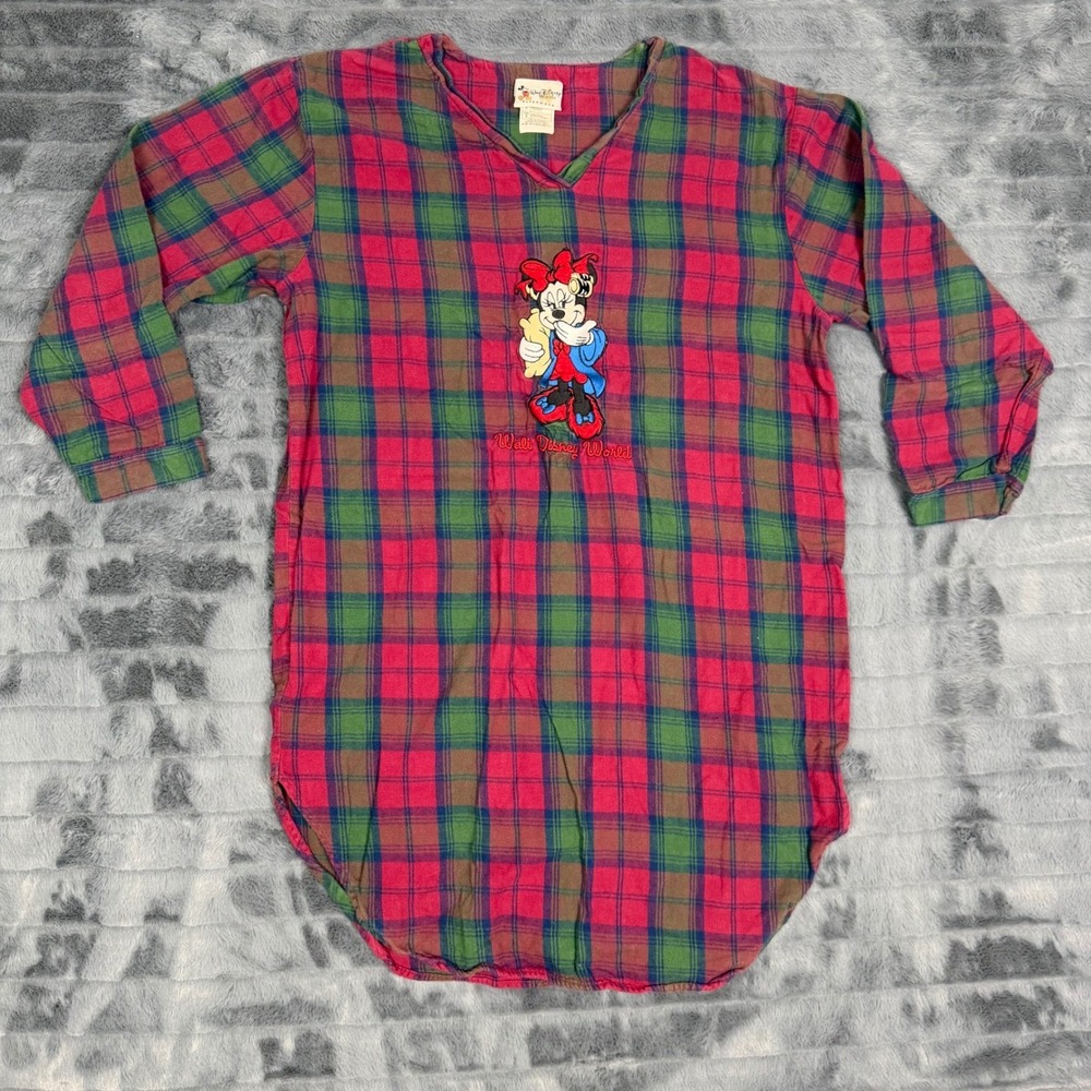 Walt Disney World Minnie Mouse Plaid Flannel Nightshirt Red Green Vintage Small